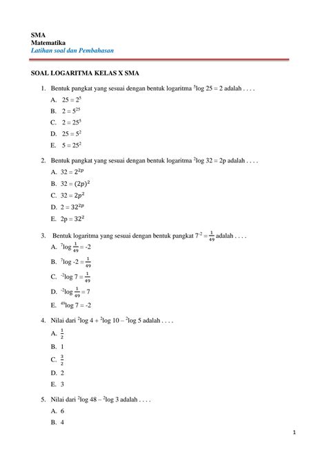 SOLUTION Latihan Soal Dan Pembahasan Logaritma Kelas X Studypool