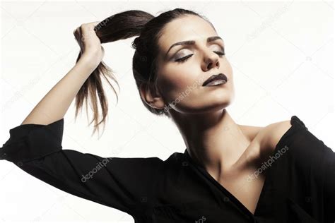 Beauty Woman Face With Ponytail Brunette Brown Hair Stock Photo By Markomarcello