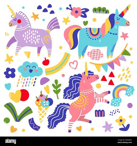 Cute Unicorns Set In Cartoon Scandinavian Style Magic Horses