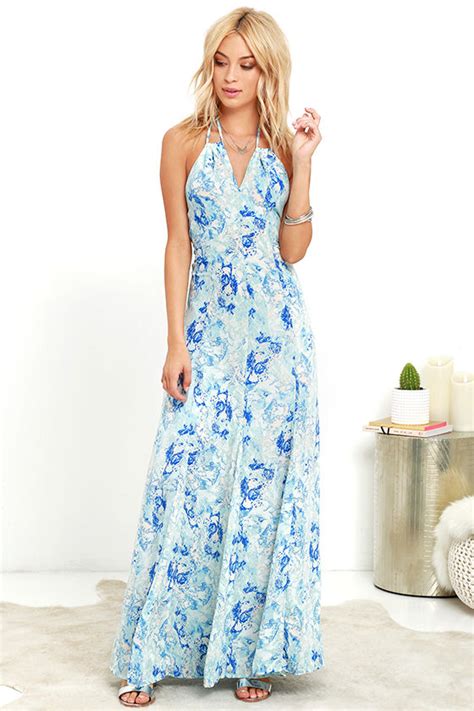 Stunning Blue Print Dress Maxi Dress Halter Dress 6700