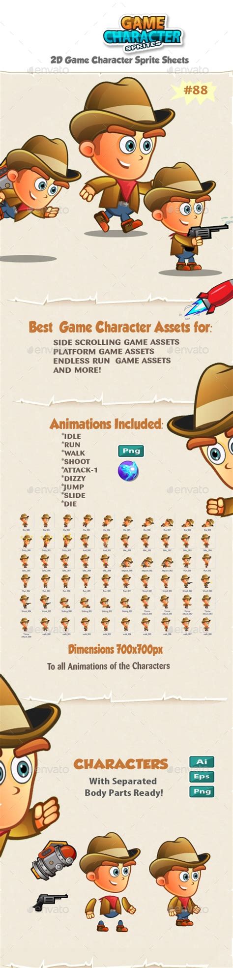 Cowboy 2d Game Character Sprites 88 By Pasilan Graphicriver