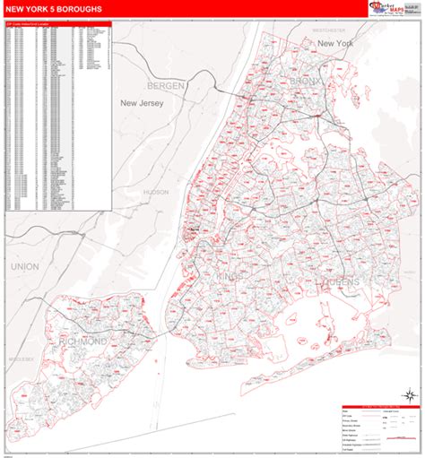 New York 5 Boroughs New York Zip Code Wall Map Red Line