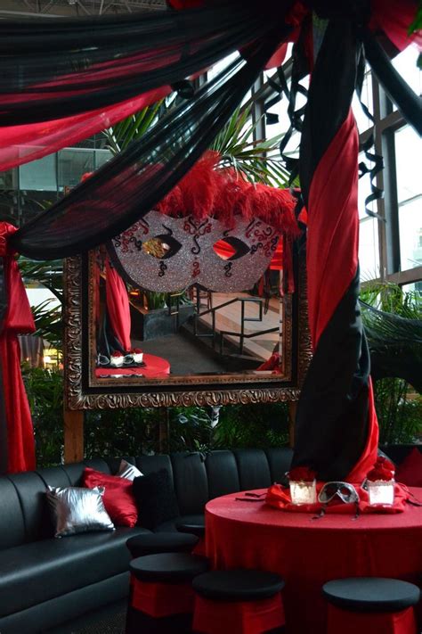 Plan the best masquerade party ever by choosing one of our unique themes, like midnight masquerade (black & gold), or black & white masquerade and get all of the masquerade decorations to match. Red and black decor at a Masquerade ball/party http://www ...