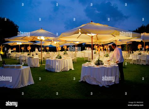 Outdoor Wedding Dinner Table Arrangement At Night Stock Photo Alamy