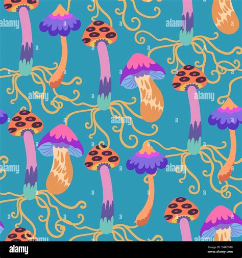 Seamless Pattern With Psychedelic And Fairy Colorful Mushrooms Vector