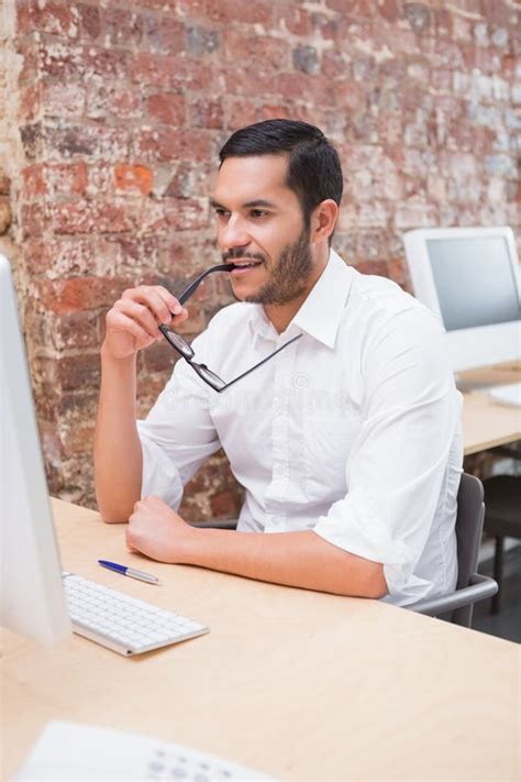 Businessman Using Computer At Desk Stock Image Image Of Happy