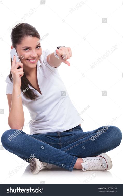 Casual Young Woman Sitting Legs Crossed Stock Photo 140324236