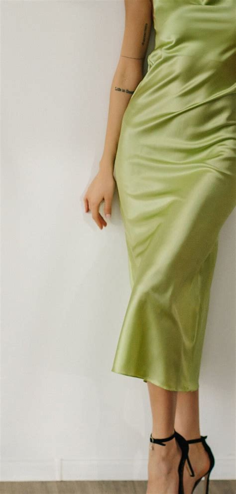 Silk Slip Dress Lime Green Dress Midi Bias Cut Cowl Neck Etsy