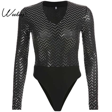 Buy Weekeep V Neck Sequin Bodycon Women Long Sleeve Black Bodysuits 2019 Spring