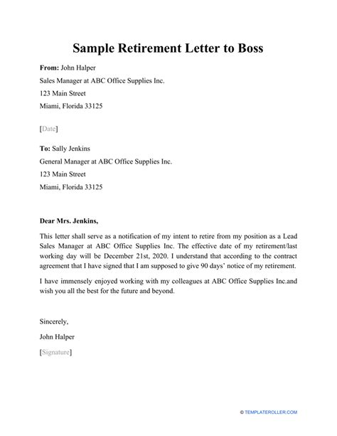Sample Retirement Letter To Boss Download Printable Pdf Templateroller