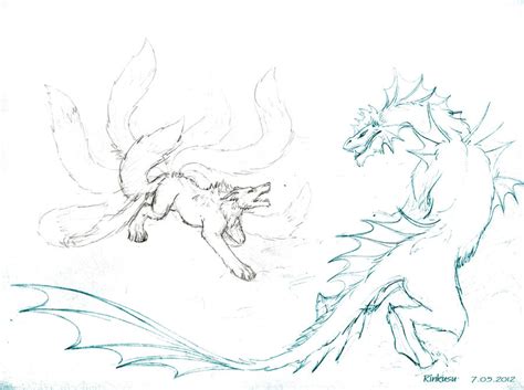 7 Tailed Fox Vs Dragon Sketch By Blacklynxlair On Deviantart