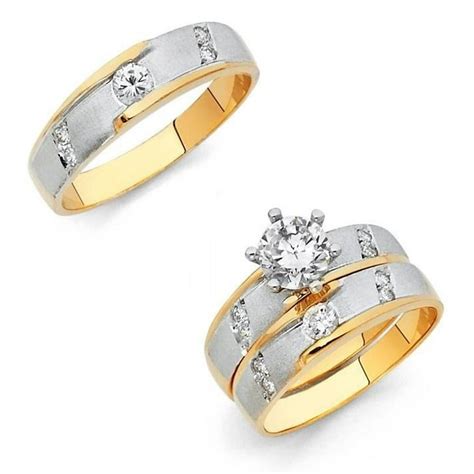 Trust Jewelry 14k Two Tone Gold 155 Ct Cz Matching Wedding Ring Trio