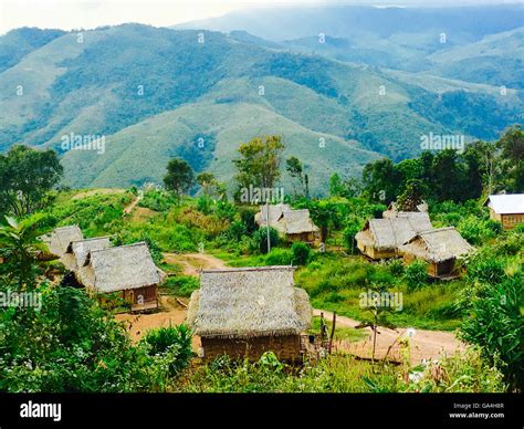 Viewpoints Local Rural Houses With Mountains Background In Laos Asia