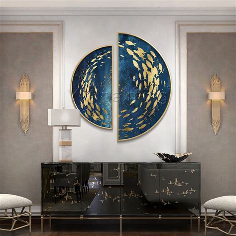 Gold Art Set Of Wall Art Sea Navy Blue Ymipainting Gold Fishes Ocean