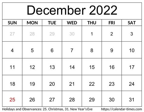 December 2022 Calendar Printable For Pdf Word Excel