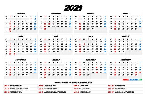 Printable Calendar 2021 With Holidays 9 Templates