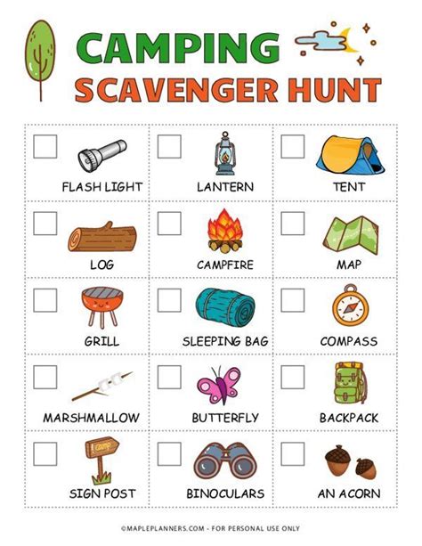 The Camping Scavenger Hunt Is Shown In This Printable