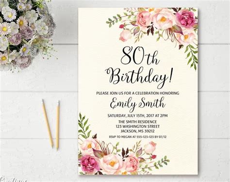 Diy 80th Birthday Invitation Template Blush Rose Gold Floral Etsy