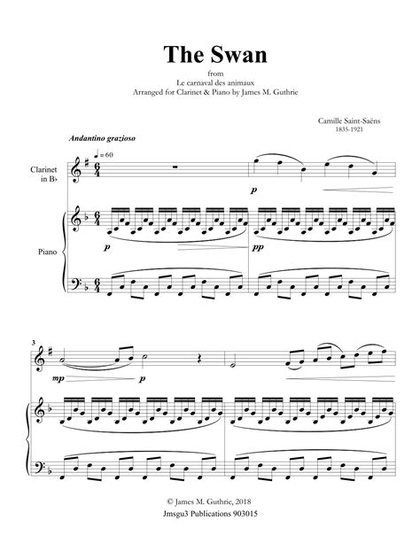 Saint Saëns The Swan for Clarinet Piano arr James M Guthrie by