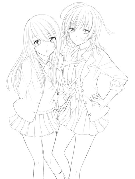 Safebooru 2girls Arms Behind Back Hand On Hip Highres Lineart Long Hair Looking At Viewer