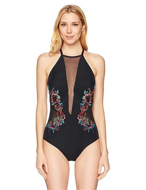 laundry by shelli segal women s mesh embroidery high neck one piece swimsuit s ebay