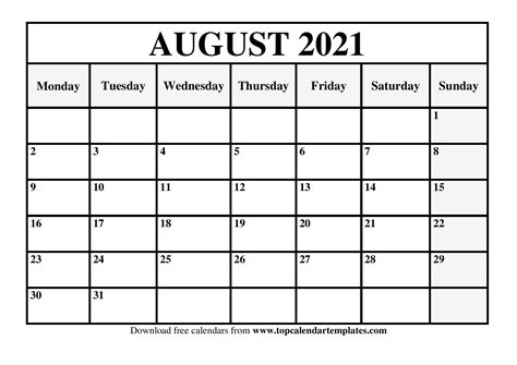 August 2021 Printable Calendar Monthly Templates