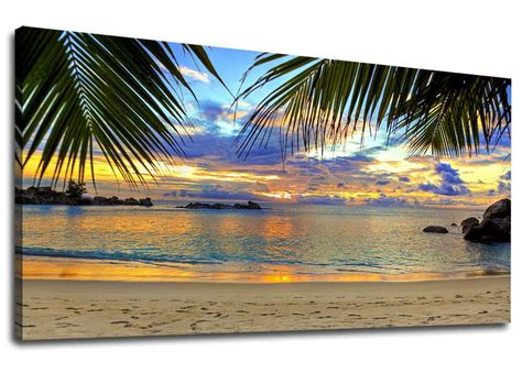 wall art beach sunset canvas artwork tropical ocean palm tree leaf beach coast