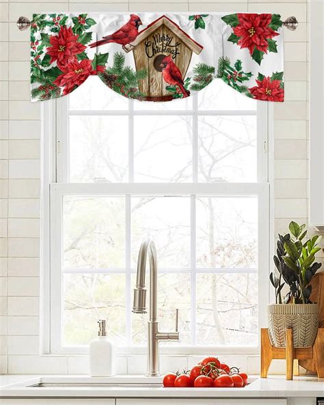 Christmas Cardinal Poinsettia Birdhouse Window Curtain Living Room