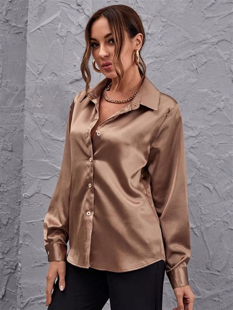 Shirt For Women Coffee Brown Polyester Turndown Collar Stretch Casual