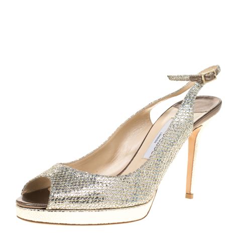 jimmy choo metallic gold lamè glitter fabric nova peep toe platform slingback sandals size 42