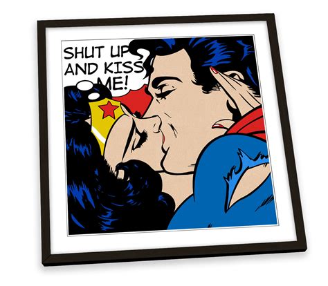 Superhero Kiss Superman Wonder Woman Framed Art Print Picture Square