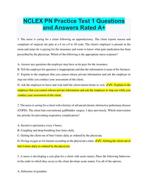 Nclex Pn Practice Test 1 Questions And Answers Rated A