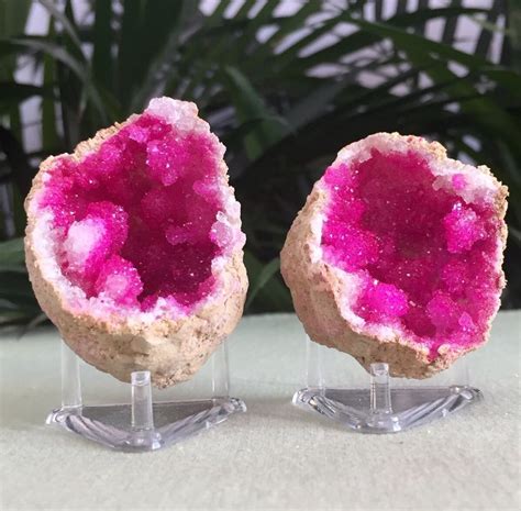 Pink Geode Pair Wstands Crystal Quartz Gemstone Specimen Dyed Morocco