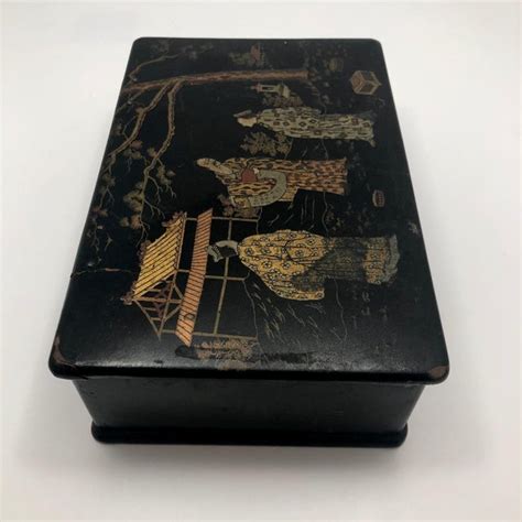 Antique Japanese Lacquered Papier Mache Box With Scholars In Landscape