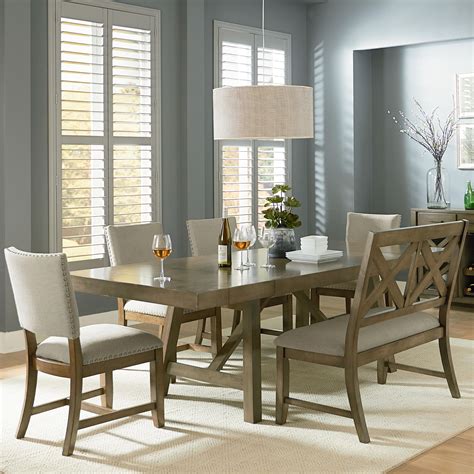 Omaha Grey 6 Piece Trestle Table Dining Set With Dining Bench By