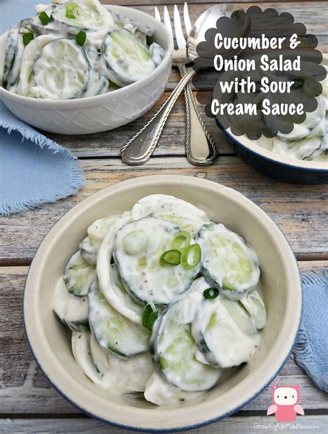 Three members of the onion family ~ sweet onions, shallots and leeks combine with butter and cream for a rich, but mildly flavored sauce for egg noodles. Cucumber & Onion Salad with Sour Cream Sauce - AnnMarie John