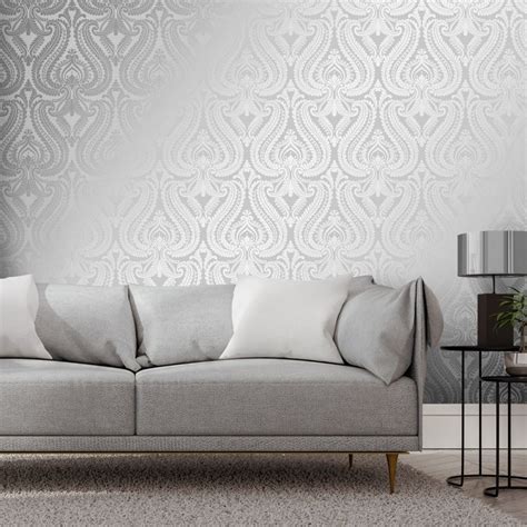 Shimmer Damask Wallpaper Soft Grey Silver Grey Wallpaper Living Room