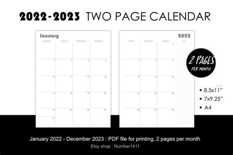 Two Page Calendar 2022 2024 Printable Monthly Planner Etsy