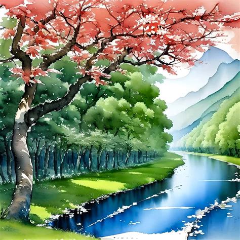 Free Picture Riverside Watercolor Landscape Of Trees Artwork Painting