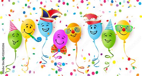Fröhliche Luftballon Gesichter Mit Fasching Verkleidung Und Konfetti Vector De Stock Adobe Stock