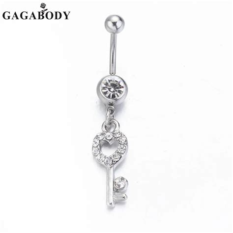 1pc Clear Gem 316l Surgical Steel Key Navel Ring Crystal Rhinestone Dangle Belly Button Ring