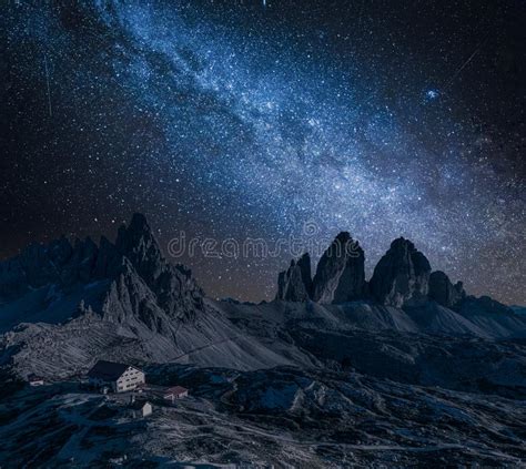 Milky Way Over Tre Cime And Dreizinnen Hut Dolomites Stock Photo
