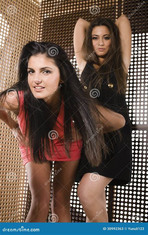 Portrait Of Two Pretty Girls Enjoying Party Stock Image Image Of Look Brunette 30992363