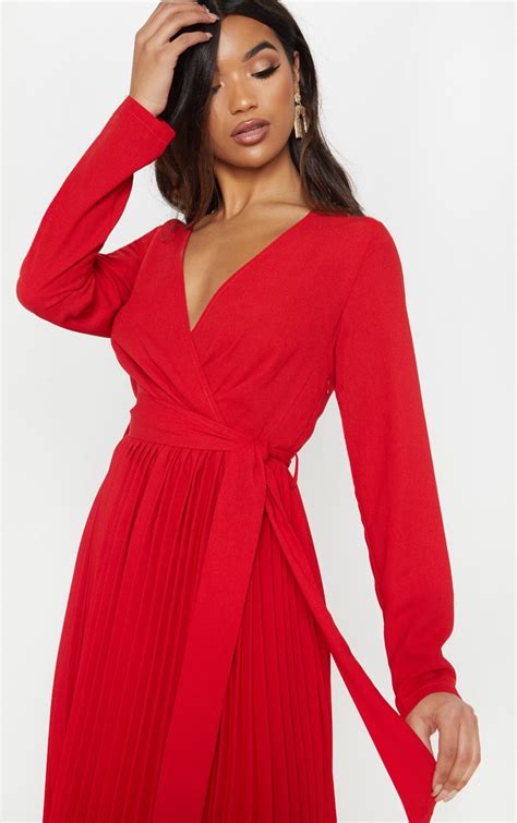 Red Long Sleeve Pleated Midi Dress Dresses Prettylittlething