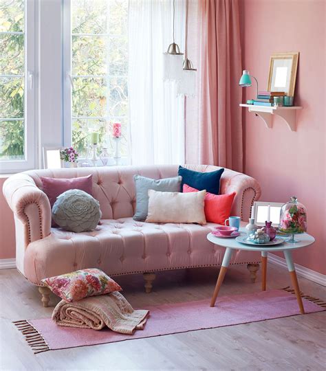 Interior of the modern room, grey and pink wall and black sofa. Blush Pink Interior Design Trends: Pink and grey living room ideas. 2018 interior design trends ...