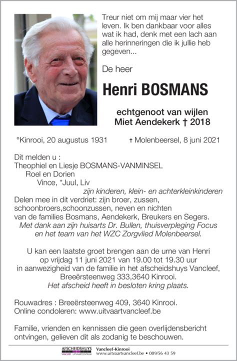 Henri Bosmans † 08062021 Inmemoriam