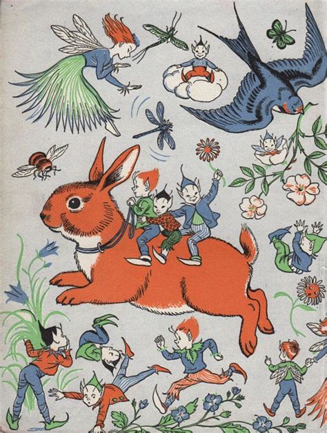 Nursery Print Of Rabbit With Elves And Fairy 1950s Vintage Etsy