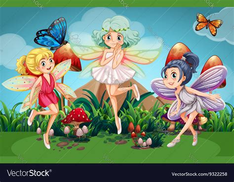 Fairies Flying In The Garden With Butterflies Vector Image