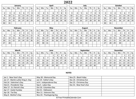 Holiday Planner 2022 Example Calendar Printable