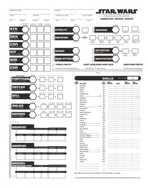 The Star Wars Character Sheet Is Shown In Black And White With Text On It